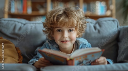 Joyful Child Reading Book on Home Couch for Back-to-School Education & Learning Lifestyle Concept