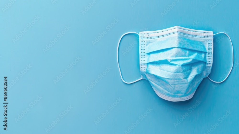 Copy space available with a blue background and a medical mask Copy space available with a blue background and a medical mask