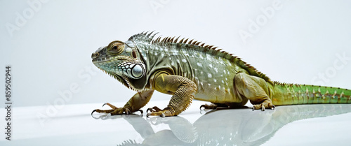 Stunning Full Body Image of Green Iguana with Sawtooth Crest on White Background. Detailed View of Green Iguana (Iguana iguana) Showcasing Sawtooth Crest in HD