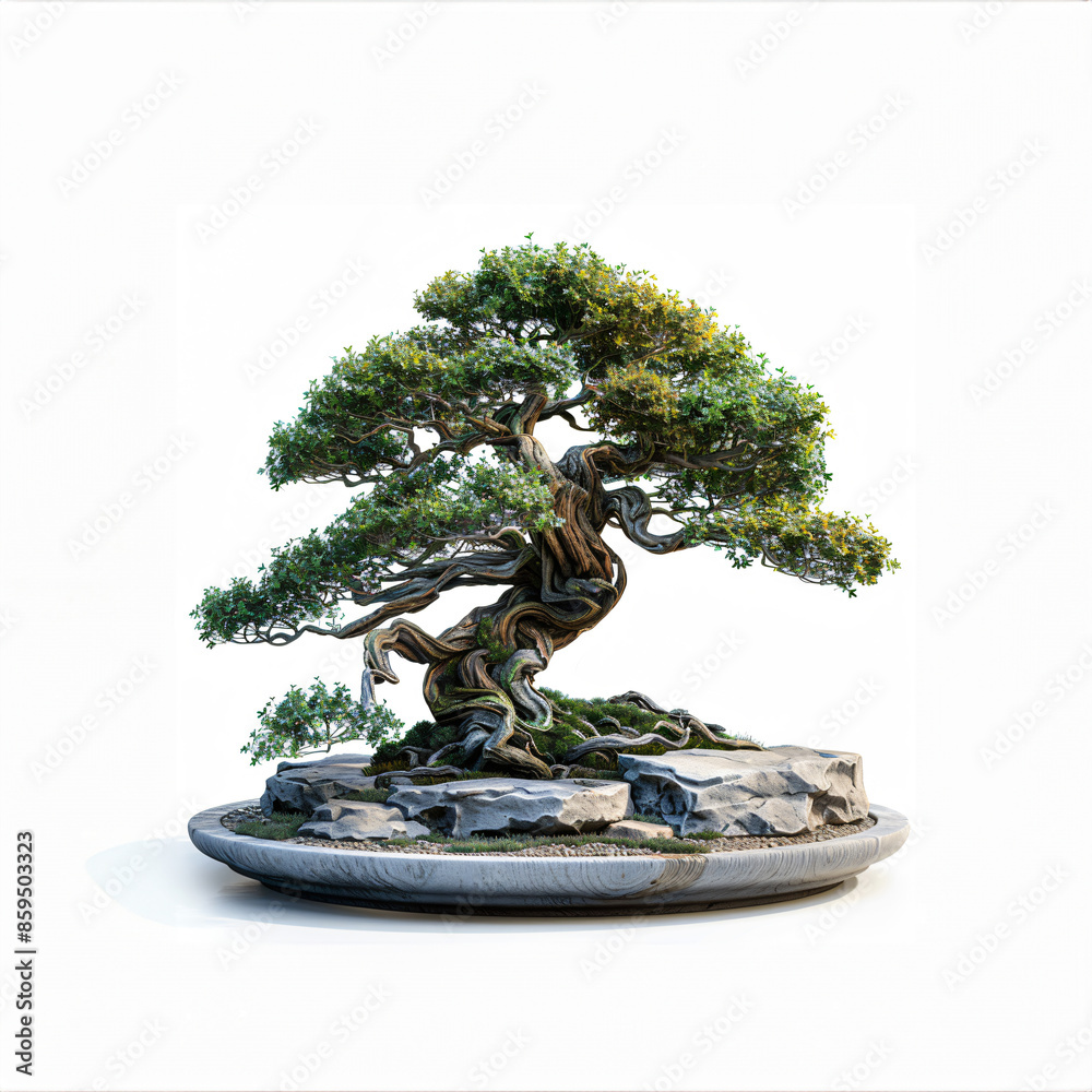 Ultra-detailed bonsai tree in a shallow decorative dish, intricate branches and tiny leaves, clipart aesthetics on stark white backdrop Ultra-detailed bonsai tree in a shallow decorative dish, intricate branches and tiny leaves, clipart aesthetics on stark white backdrop