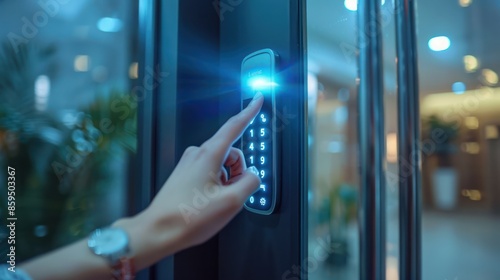 Secure Access: Woman Entering Password on Digital Keypad Door Lock for Smart Home Security
