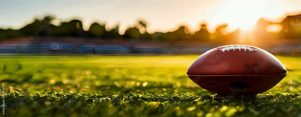 Closeup of an American football resting on a vibrant green field at sunset, highlighting the texture of the ball and the lush grass, capturing the essence of the sport in a serene, golden hour setting Closeup of an American football resting on a vibrant green field at sunset, highlighting the texture of the ball and the lush grass, capturing the essence of the sport in a serene, golden hour setting