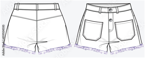 HIGH WAIST DENIM JEANS SHORTS WITH FRONT PATCH POCKET DETAIL DESIGNED FOR TEEN GIRLS AND KID GIRLS IN VECTOR FILE