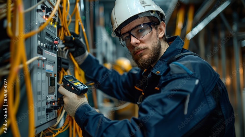 An electrician uses a multimeter to test the wiring and operation of data cables on a building's electrical panel, focusing on the hands using tools to ensure the safety of the power lines. An electrician uses a multimeter to test the wiring and operation of data cables on a building's electrical panel, focusing on the hands using tools to ensure the safety of the power lines.