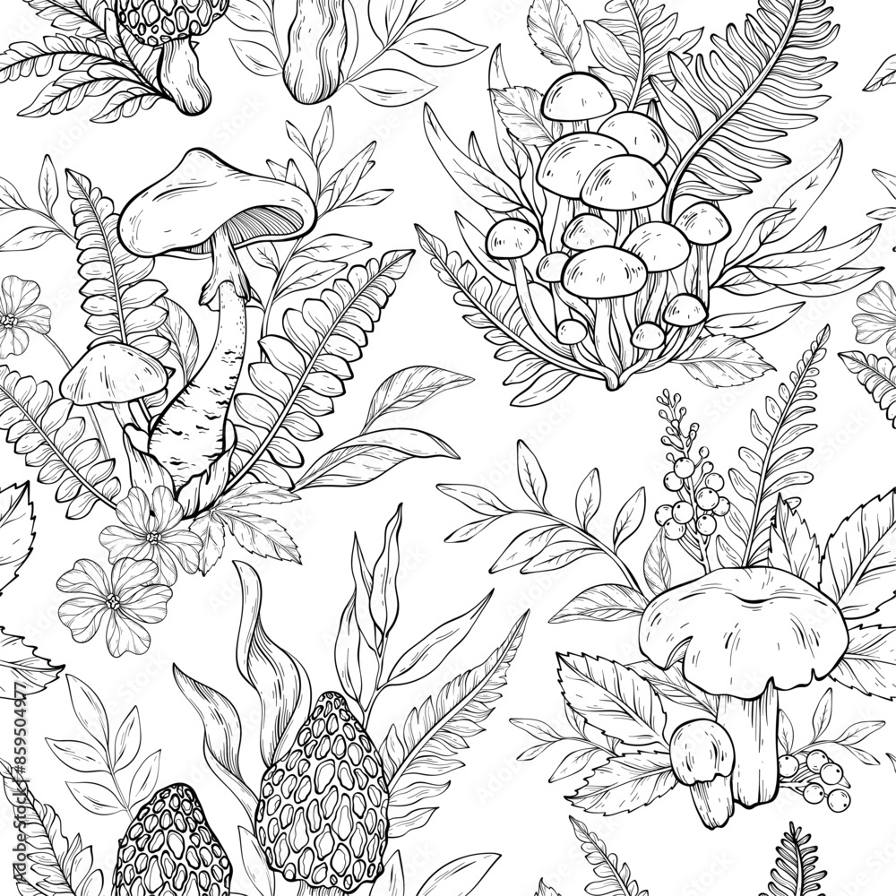 Naklejka premium Seamless outline pattern with different types of mushrooms,