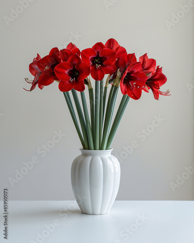 Majestic potted amaryllis with tall stems and large, trumpet-shaped red blooms, in a classic white ceramic pot, prominently displayed on a flawlessly white, 