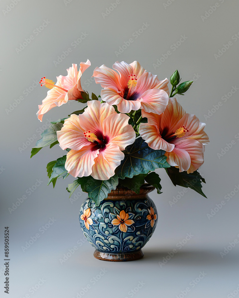 Vibrant potted hibiscus with large, tropical flowers and glossy leaves, in a painted terracotta pot with Moroccan patterns, set on an absolutely uniform, brilliantly white background that emphasizes Vibrant potted hibiscus with large, tropical flowers and glossy leaves, in a painted terracotta pot with Moroccan patterns, set on an absolutely uniform, brilliantly white background that emphasizes