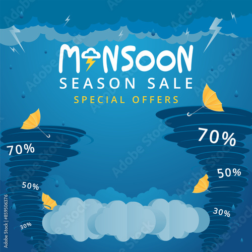 monsoon sale banner with rain and cyclone background.