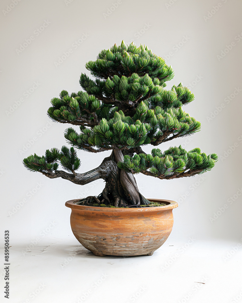 Ancient monkey puzzle tree with spiky, scale-like leaves in a large terracotta pot, displayed on a pristine, pure white background that emphasizes its unique structure Ancient monkey puzzle tree with spiky, scale-like leaves in a large terracotta pot, displayed on a pristine, pure white background that emphasizes its unique structure