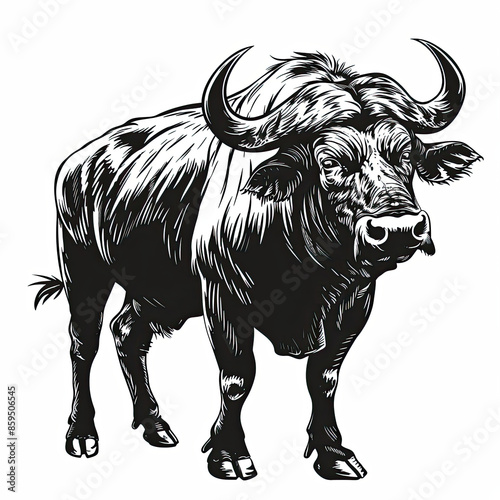 A black and white drawing of a bull with large horns © MagnusCort