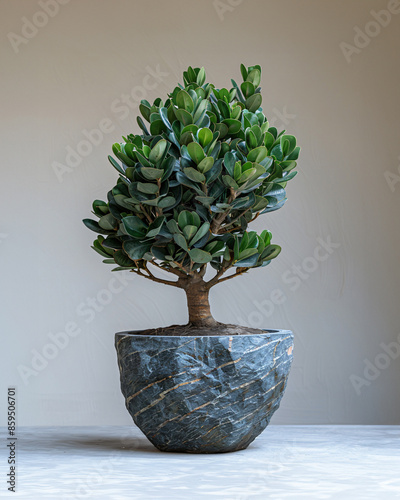 Jurassic cycadeoid with thick, armored trunk and crown of leaves in a massive stone urn, prominently featured on a flawlessly white, studio-like background photo