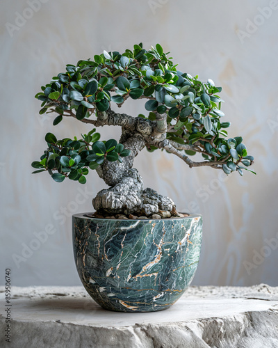 Jurassic cycadeoid with thick, armored trunk and crown of leaves in a massive stone urn, prominently featured on a flawlessly white, studio-like background photo