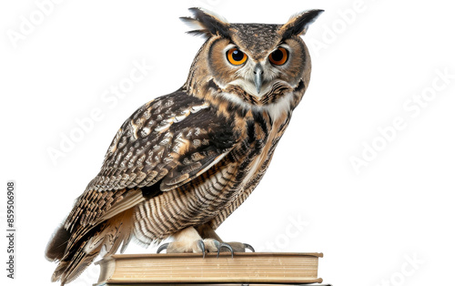 Wallpaper Mural Majestic owl perched on a book, isolated on a white background. Powerful gaze and detailed feathers. transparent background. Torontodigital.ca
