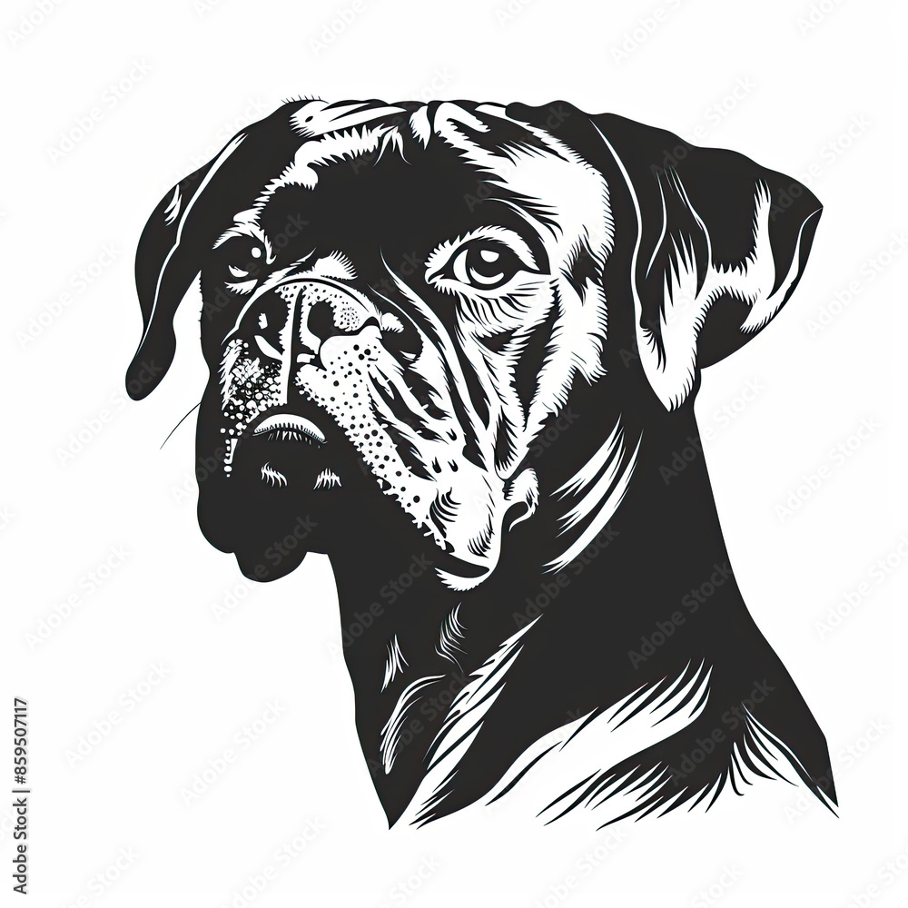 A black and white drawing of a Boxer dog