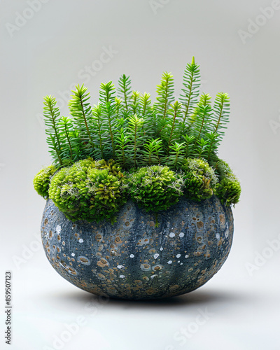 Primeval club moss with scaly stems and spore cones in a moss-covered stone pot, set on an absolutely uniform, brilliantly white background that highlights its prehistoric charm photo