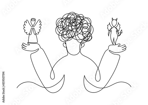 Choice between bad and good. Man making hard choice among good and evil. Continuous line drawing. Moral decision concept.
