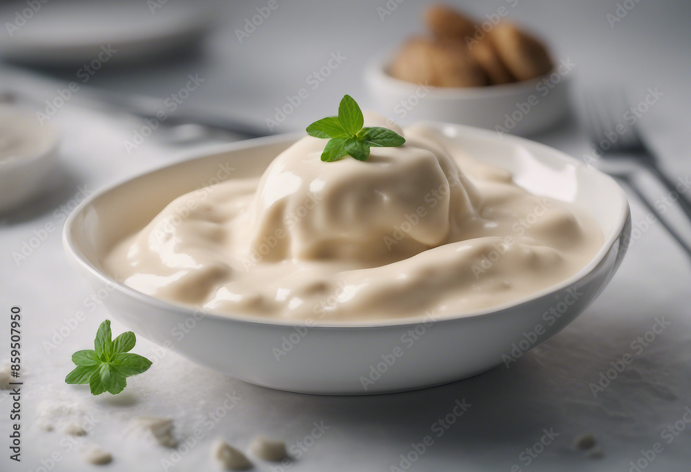A ceramic dish filled with rich creamy bÃ©chamel sauce a foundational element in culinary arts isolat