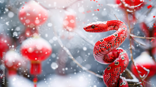Red Snake on Snowy Branch with Chinese Lanterns, Festive Winter Scene