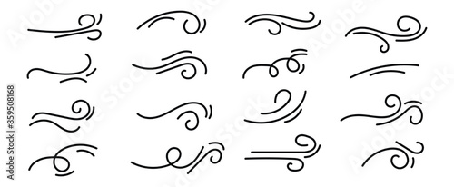 Doodle wind line sketch set. Hand drawn doodle wind motion, air blow, swirl elements. Sketch drawn air blow motion, smoke flow art, abstract line. Isolated on white background . vector illustration.