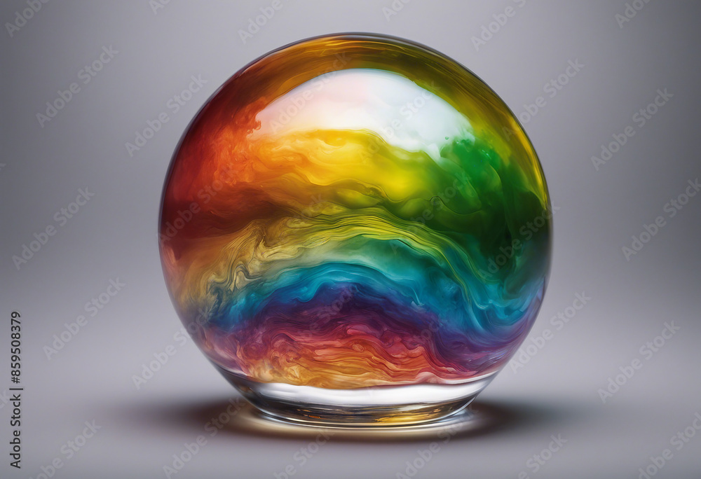 A glass orb filled with layers of different colored oils creating a liquid rainbow representing the A glass orb filled with layers of different colored oils creating a liquid rainbow representing the