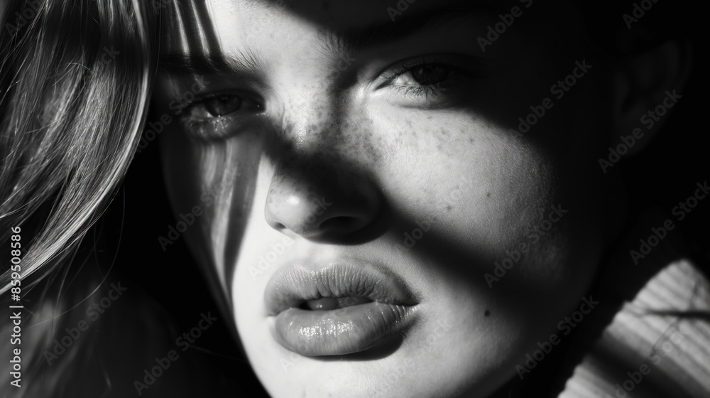 A close-up, black and white portrait of a young woman with freckles A close-up, black and white portrait of a young woman with freckles