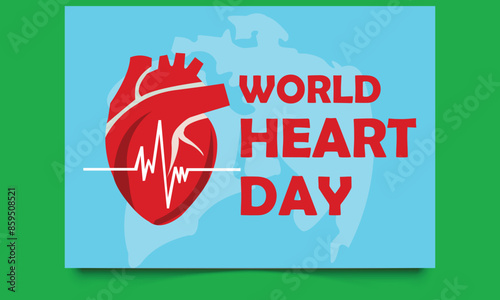 Human heart with red cardio pulse line. World heart day concept. Low poly style design. Abstract blue geometric background.