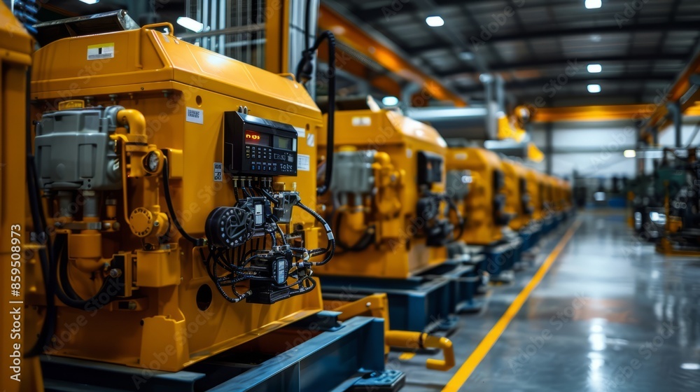 In a modern industrial plant, there is a yellow generator with multiple engines lined up side by side in front of it In a modern industrial plant, there is a yellow generator with multiple engines lined up side by side in front of it