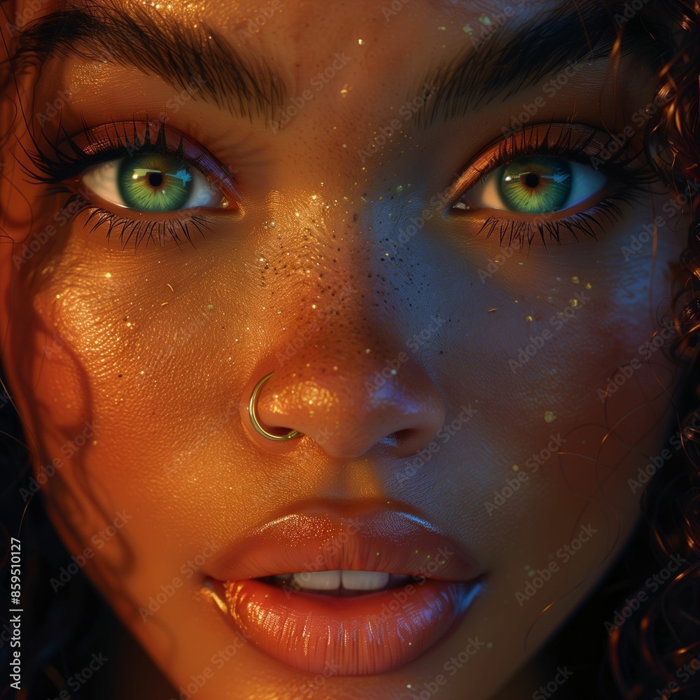 Close-up portrait of a woman with striking green eyes and natural freckles, featuring detailed facial features and ample copy space for text or creative design. Close-up portrait of a woman with striking green eyes and natural freckles, featuring detailed facial features and ample copy space for text or creative design.