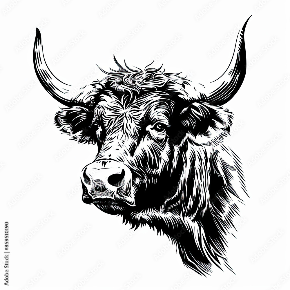 A black and white drawing of a bull with long horns A black and white drawing of a bull with long horns