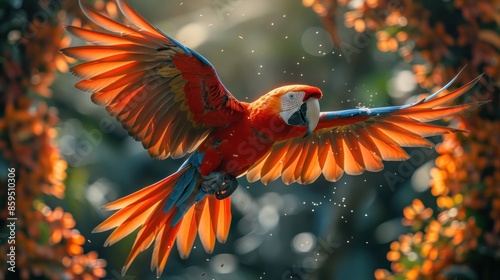 A parrot with a rainbow tail, flying over a lush landscape photo