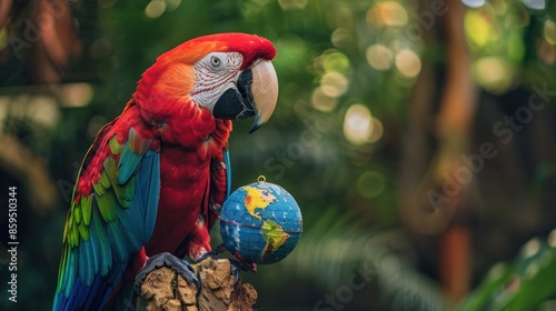 A parrot with a rainbow tail, flying over a lush landscape photo