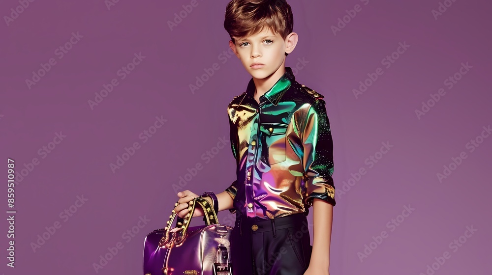 Youthful Confidence: Boy with Metallic Bags and Shiny Shirt Youthful Confidence: Boy with Metallic Bags and Shiny Shirt