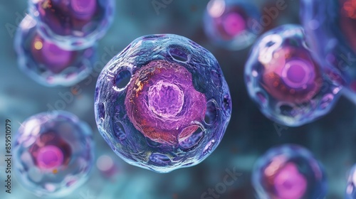 Cell growth during G2 phase, top view, depicting the enlargement and organelle duplication, futuristic tone, Complementary Color Scheme, copy space for text,