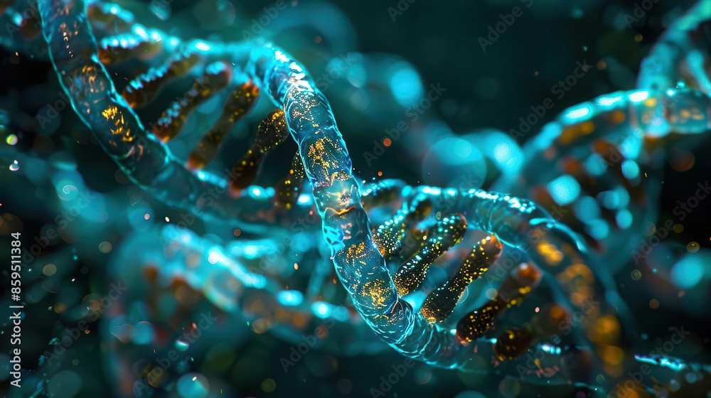DNA replication in a cell, microscopic view, illustrating the process of genetic duplication, digital tone, Triadic Color Scheme, copy space for text,