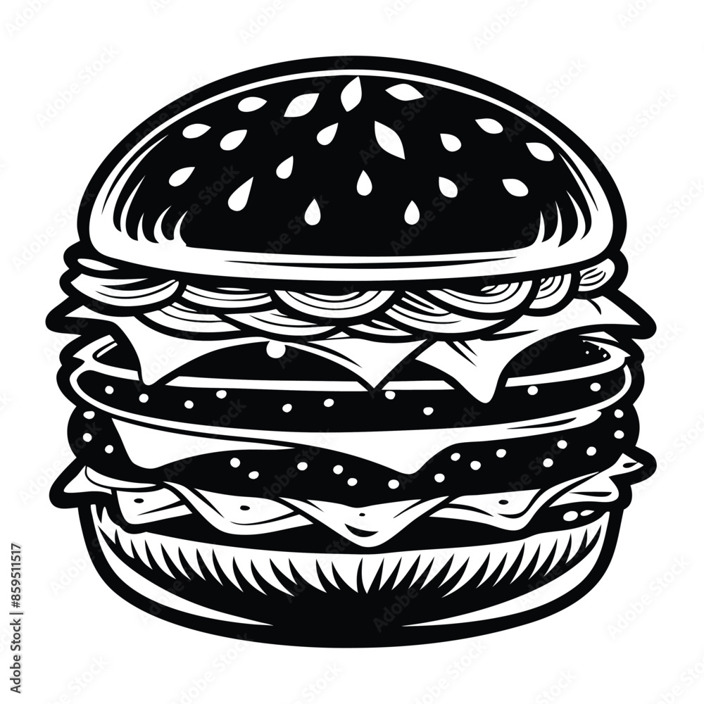 Black and white cheeseburger isolated on white background. Vector illustration Black and white cheeseburger isolated on white background. Vector illustration