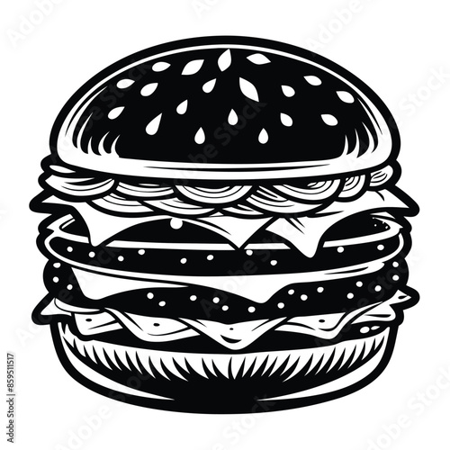 Black and white cheeseburger isolated on white background. Vector illustration