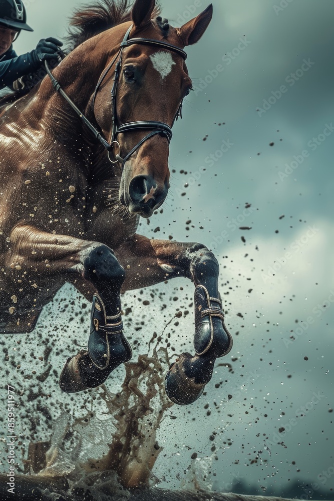 Fototapeta premium Dynamic Equestrian Horse Jumping Over Obstacle in Action-Packed Scene for Sport Event Features
