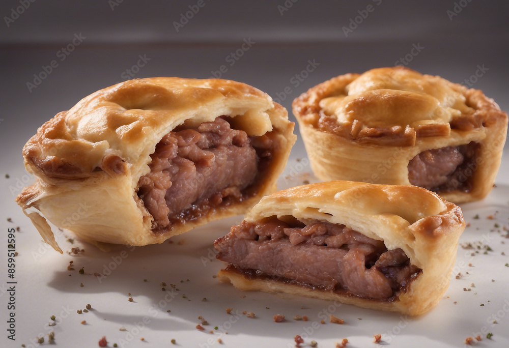 3 different artisanal meat pies each with a unique filling from savory to spicy encased in flaky pas 3 different artisanal meat pies each with a unique filling from savory to spicy encased in flaky pas