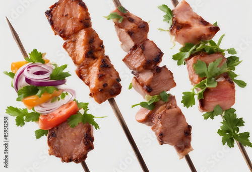 3 different types of meat skewers each marinated in a distinct cultural sauce representing global ba photo