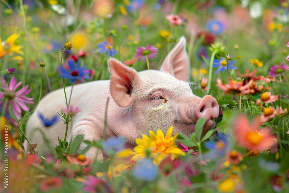 Piglet Peacefully Resting in a Bed of Vibrant Wildflowers - Nature Concept for Poster or Print Design Piglet Peacefully Resting in a Bed of Vibrant Wildflowers - Nature Concept for Poster or Print Design