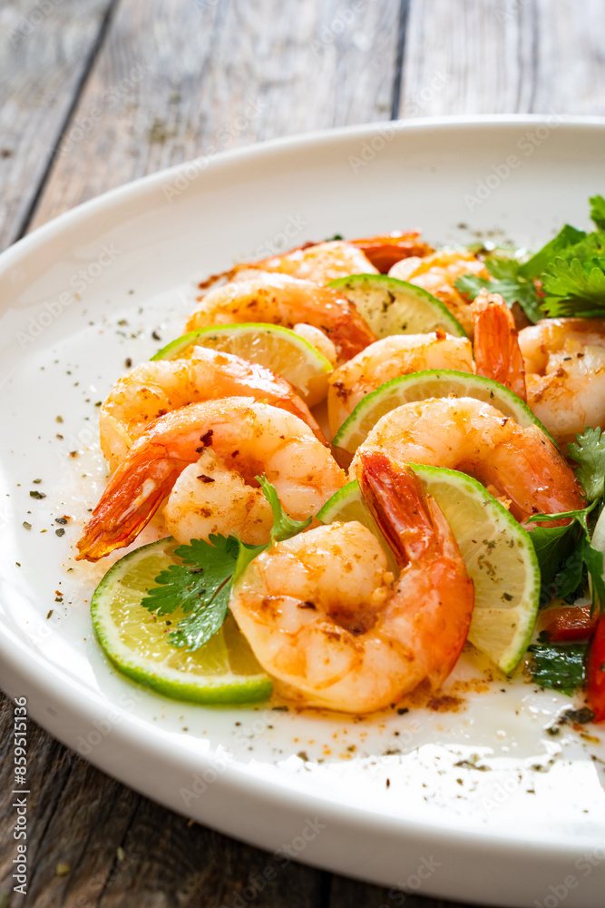 Fried shrimps with garlic, lime and fresh vegetables served on white plate on wooden table
Fried shrimps with garlic, lime and fresh vegetables served on white plate on wooden table