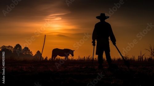 A silhouette of a working cowboy against evening sunset, horse walking in the field. Farmer caring for animals in the countryside. Generative AI