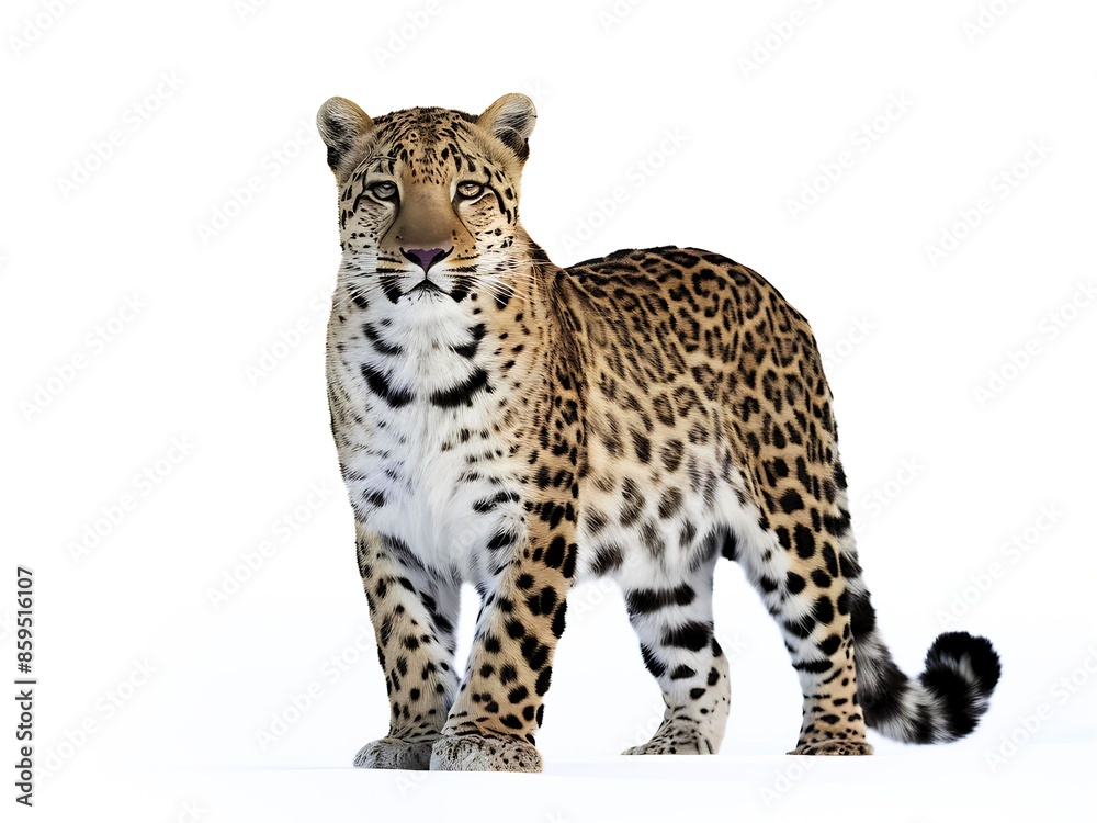 Picture of a rare animal named Amur leopard, standing full body, white background. Picture of a rare animal named Amur leopard, standing full body, white background.