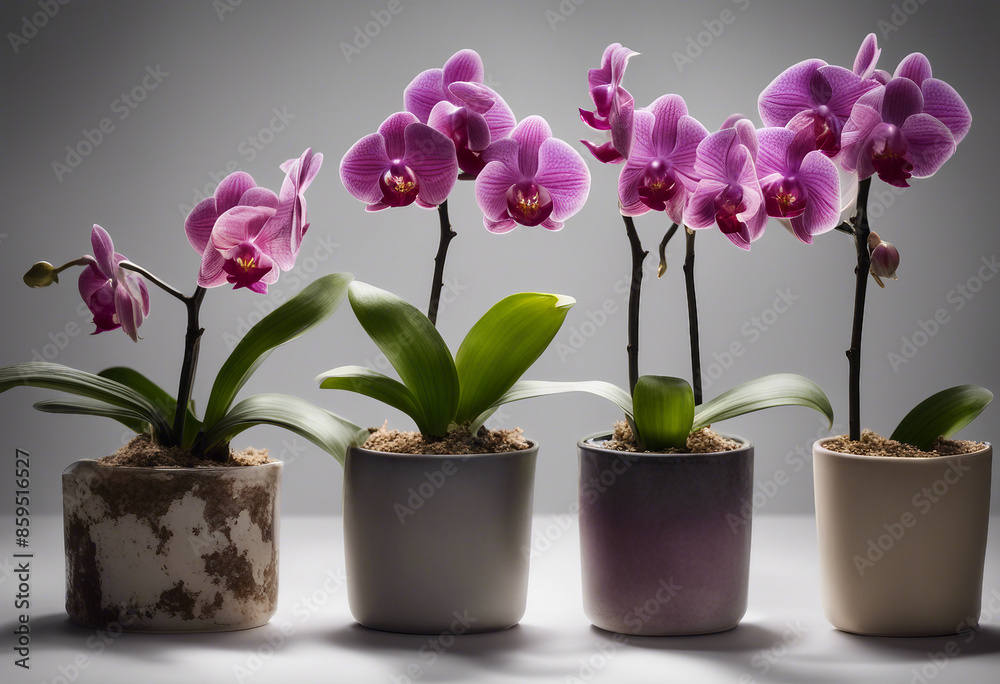 Set of flowering orchids in various pots isolated on a transparent background Set of flowering orchids in various pots isolated on a transparent background