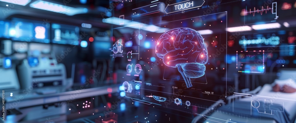 Abstract futuristic digital medical technology background, with a holographic human brain and many numbers as the background, a blurred hospital room