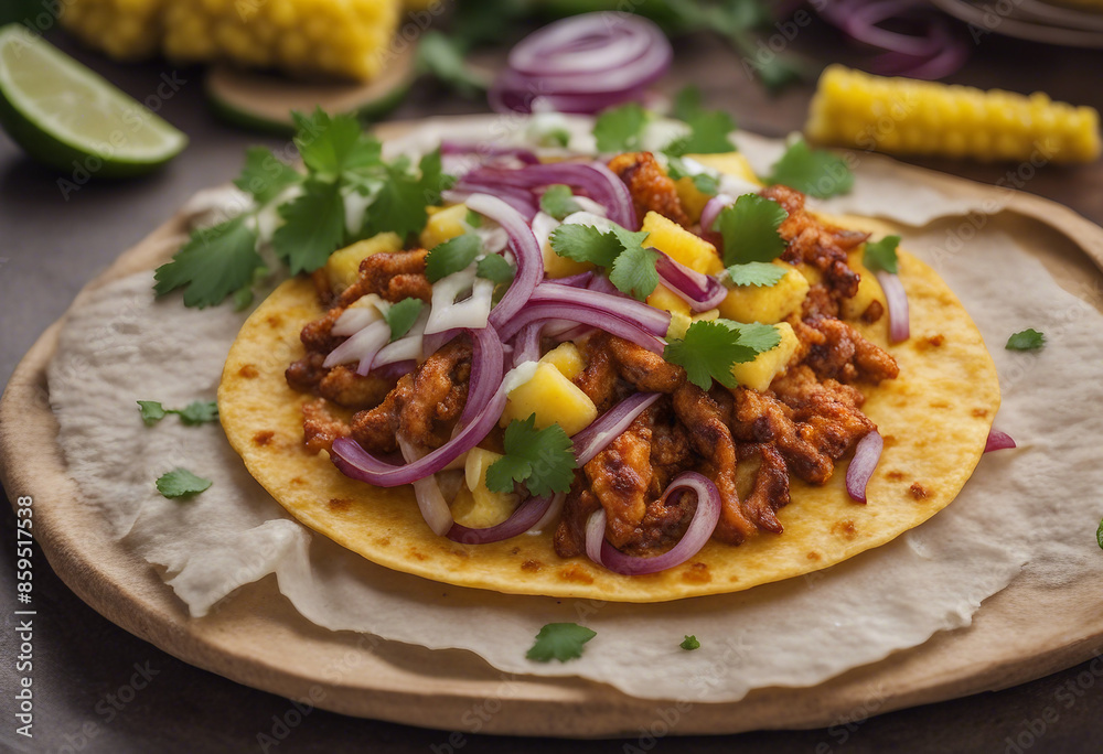 Mexican tacos al pastor with pineapple cilantro and onions served on corn tortillas isolated on tran Mexican tacos al pastor with pineapple cilantro and onions served on corn tortillas isolated on tran