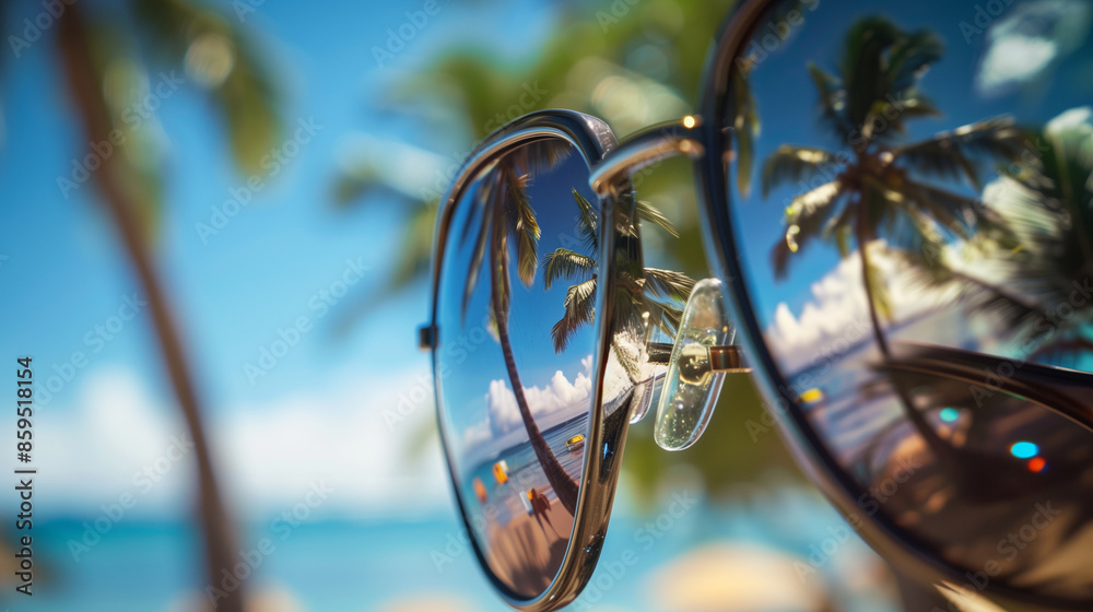 Close-up of sunglasses reflecting the beach and palm trees, capturing detailed reflections on the lenses, with a blurred background of an exotic seaside setting, conveying a sense