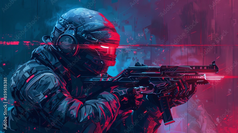 Warrior with dark military dress in cyberpunk style, halloween motive. synthwave knight. Illustrations Warrior with dark military dress in cyberpunk style, halloween motive. synthwave knight. Illustrations