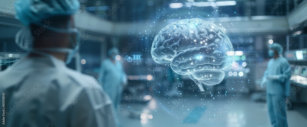 Abstract futuristic digital medical technology background, with a holographic human brain and many numbers as the background, a blurred hospital room Abstract futuristic digital medical technology background, with a holographic human brain and many numbers as the background, a blurred hospital room