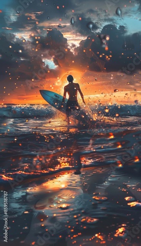 Surfer Emerging from Sunset Waves with Surfboard - Triumph and Completion at Golden Hour